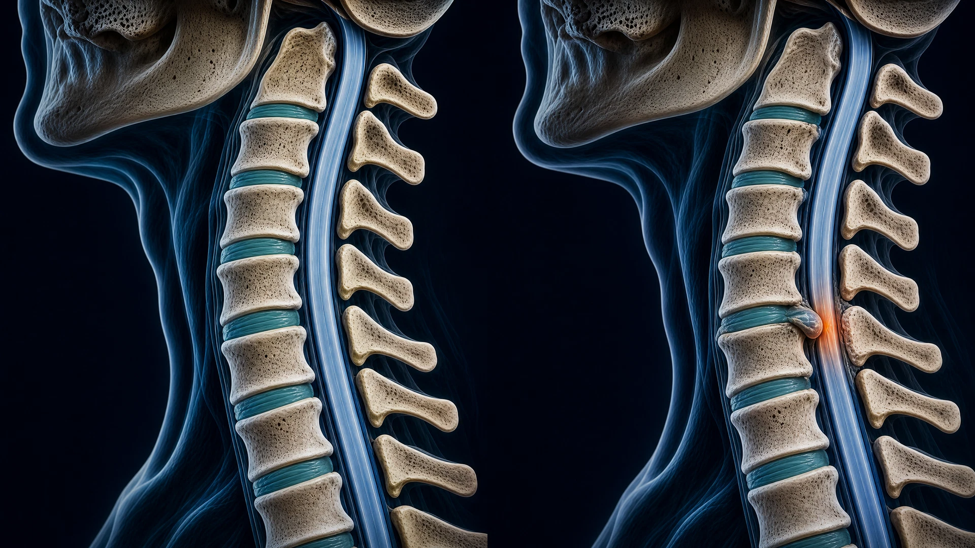 Comparação sagital anatômica entre canal cervical normal e estenose cervical degenerativa com compressão da medula em C5-C6
