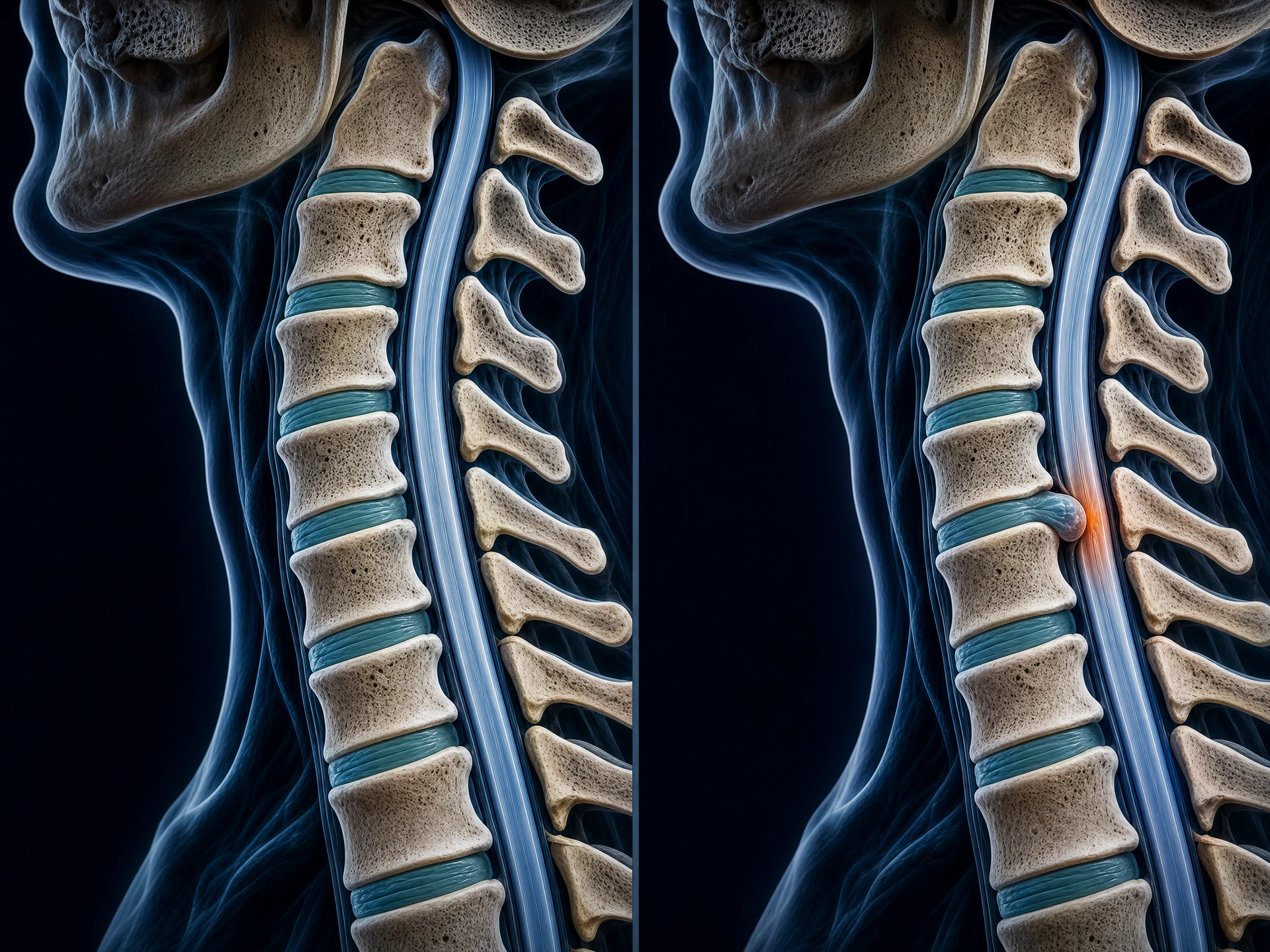 Comparação anatômica em corte sagital da coluna cervical com medula normal à esquerda e medula comprimida por hérnia discal central em C5-C6 à direita
