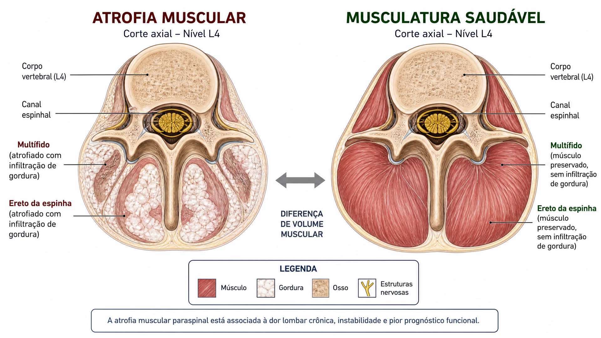Comparação em corte transversal da coluna lombar: musculatura atrofiada com infiltração gordurosa vs. musculatura saudável e hipertrófica