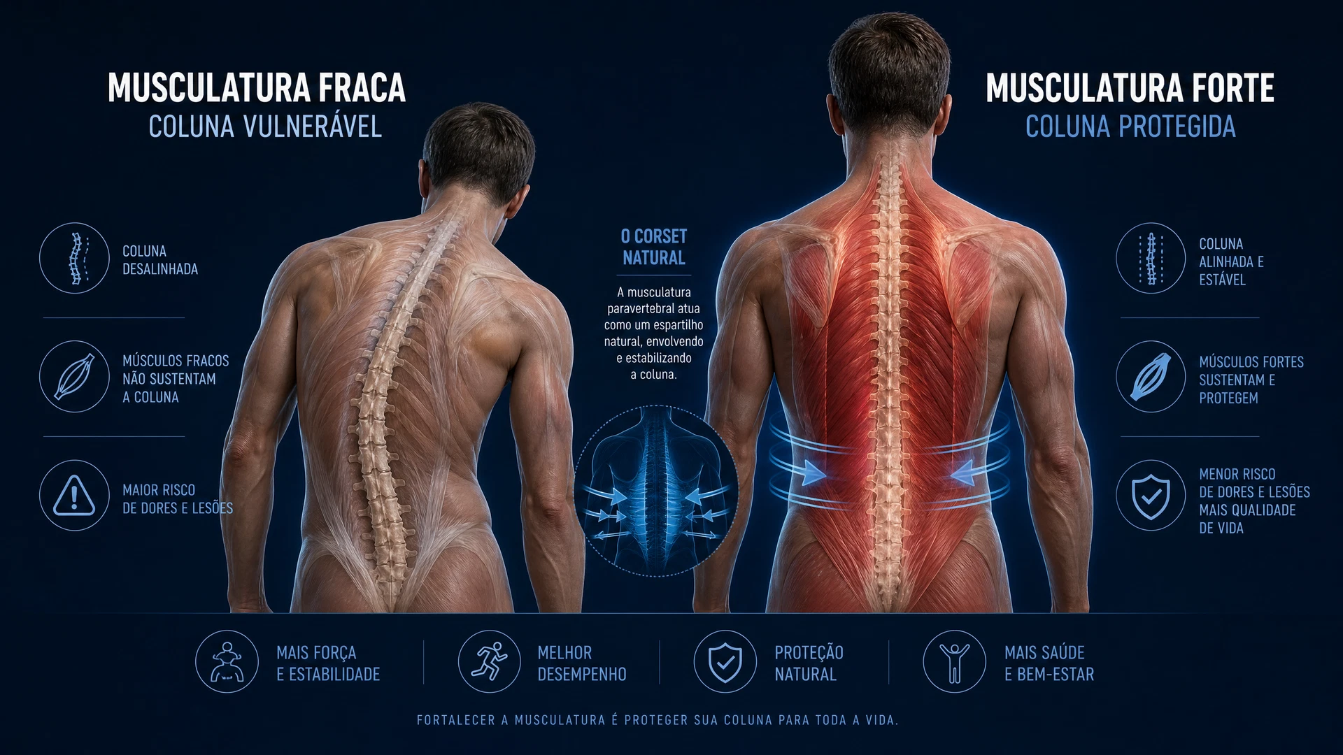 Comparação entre musculatura fraca (coluna vulnerável) e musculatura forte (coluna protegida) — ilustração médica educativa