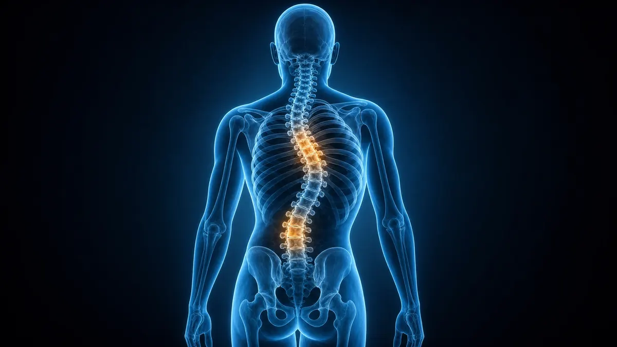 Deformidade da coluna vertebral: vista posterior mostrando escoliose com curvatura lateral em S, vértebras do ápice destacadas em âmbar-laranja