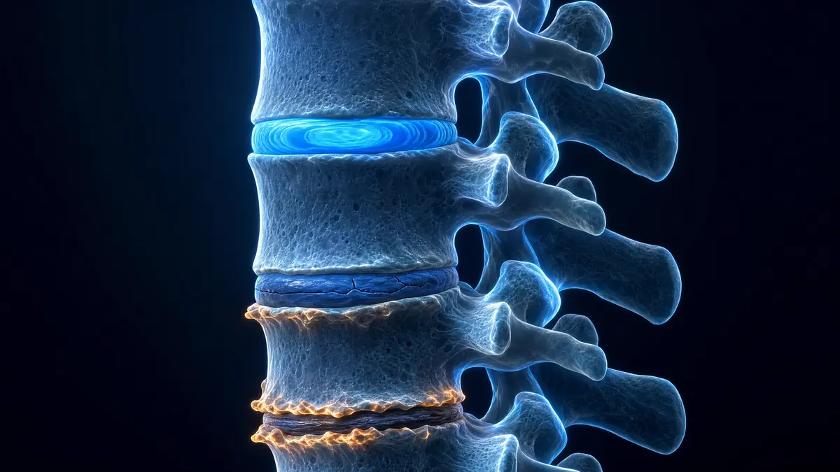 Progressão da degeneração discal: disco saudável (superior), degeneração moderada (meio) e degeneração avançada com osteófitos (inferior)